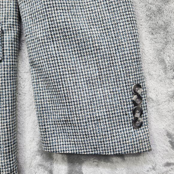 Travelsmith Sport Coat Mens 42L Black White Blue Silk Tweed Houndstooth Blazer - Picture 2 of 13